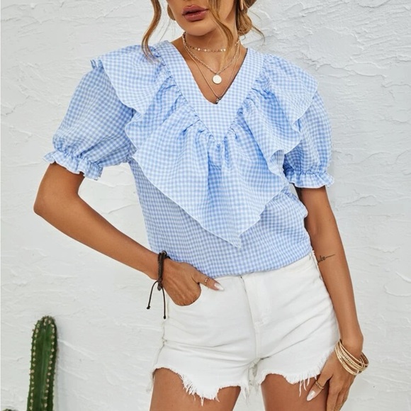 Boho blue white gingham print puff sleeve blouse - Picture 2 of 6